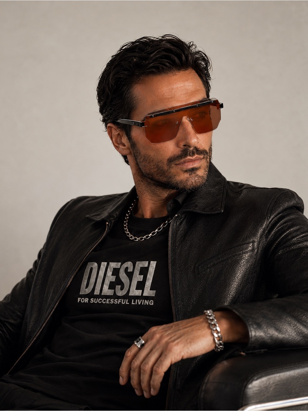 Diesel DL0259 Shield Sunglasses Brown Lens Futuristic Rimless Designer Eyewear